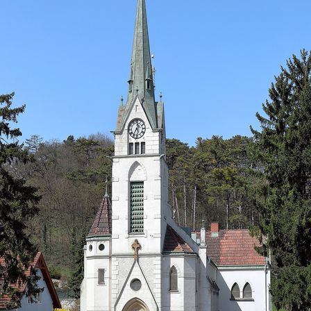 Eine weiße Kirche mit Kirchturm und Uhr steht inmitten eines üppigen grünen Waldes.