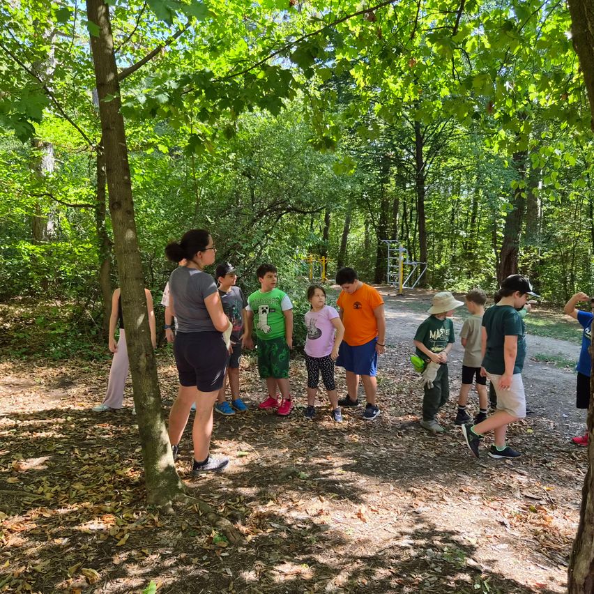 A group of children and adults are gathered in a forest, with one adult standing in front of them. The children are wearing various colored shirts and shorts, and some are holding items. The area is surrounded by trees and has a dirt path.