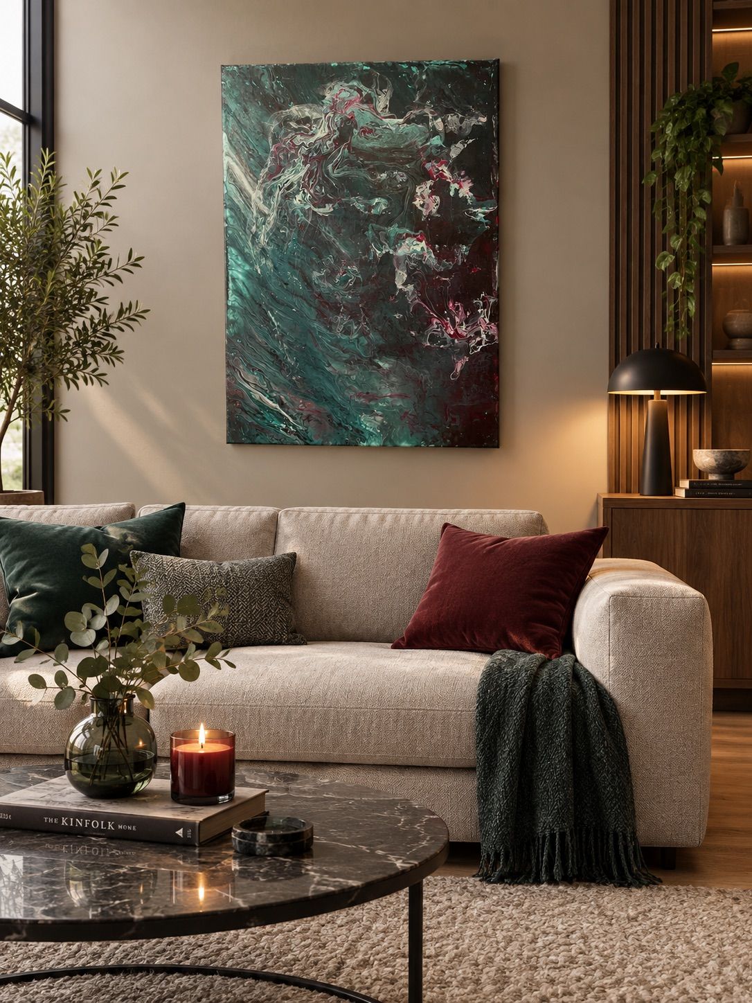 A modern living room with a beige sofa, a large abstract painting, and a lit candle on a coffee table.