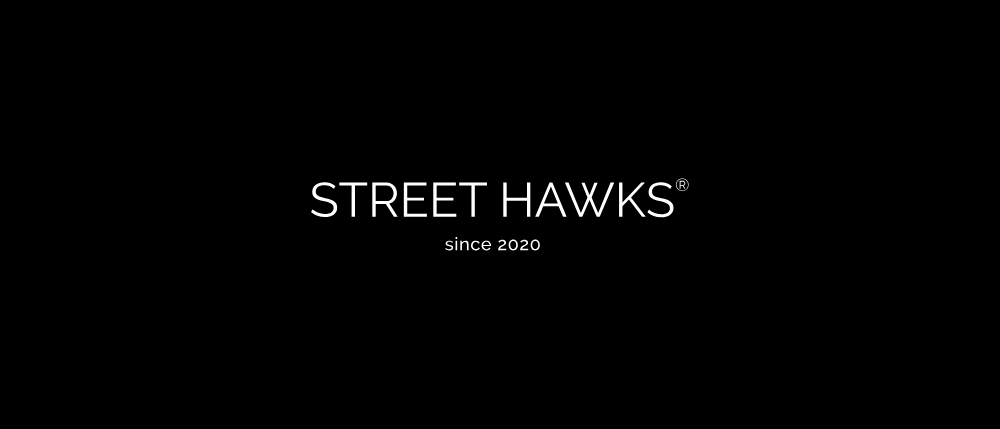Das Bild zeigt das Logo der Marke 'Street Hawks', die seit 2020 registriert ist. Das Logo präsentiert den Markennamen in fetten, großgeschriebenen Buchstaben auf schwarzem Hintergrund.