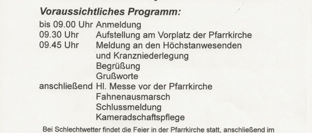 Plakat zur Feier des 170. Jahrestages mit Bezirkstreffen des ÖKB OV Straden am 6. September 2026. Die Veranstaltung umfasst Anmeldung, Ausstellung, eine Botschaft an die hochrangigsten Beamten und eine Kranzniederlegung. Es folgen eine Messe, eine Flaggenzeremonie und ein Kameradschaftsversprechen. Bei schlechtem Wetter findet die Feier in der Kirche statt, gefolgt von der Kameradschaftspflege im Kulturhaus.
