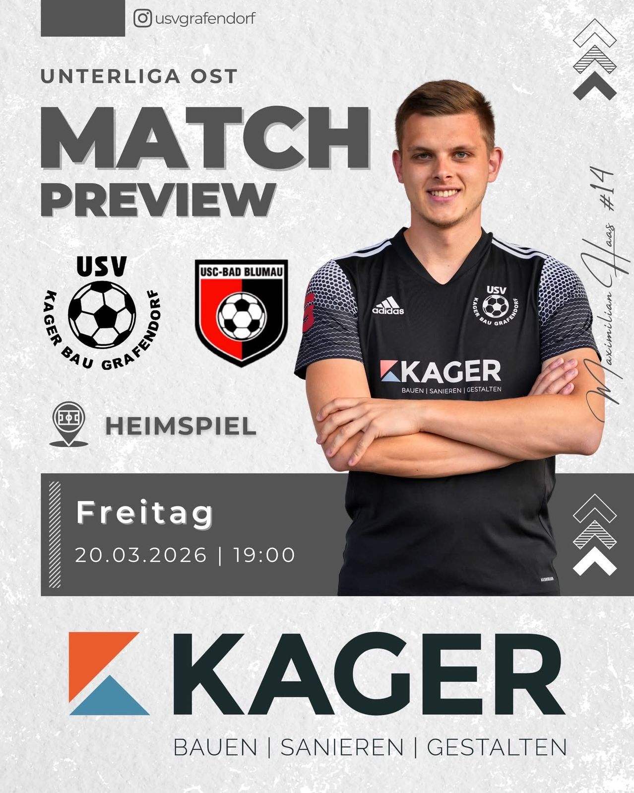 Fussballspielvorschau zwischen USV Kager Bau Grafendorf und USC-BAD BLUMA. Datum: 20.03.2026, Zeit: 19:00. Das Logo des Heimteams ist abgebildet.