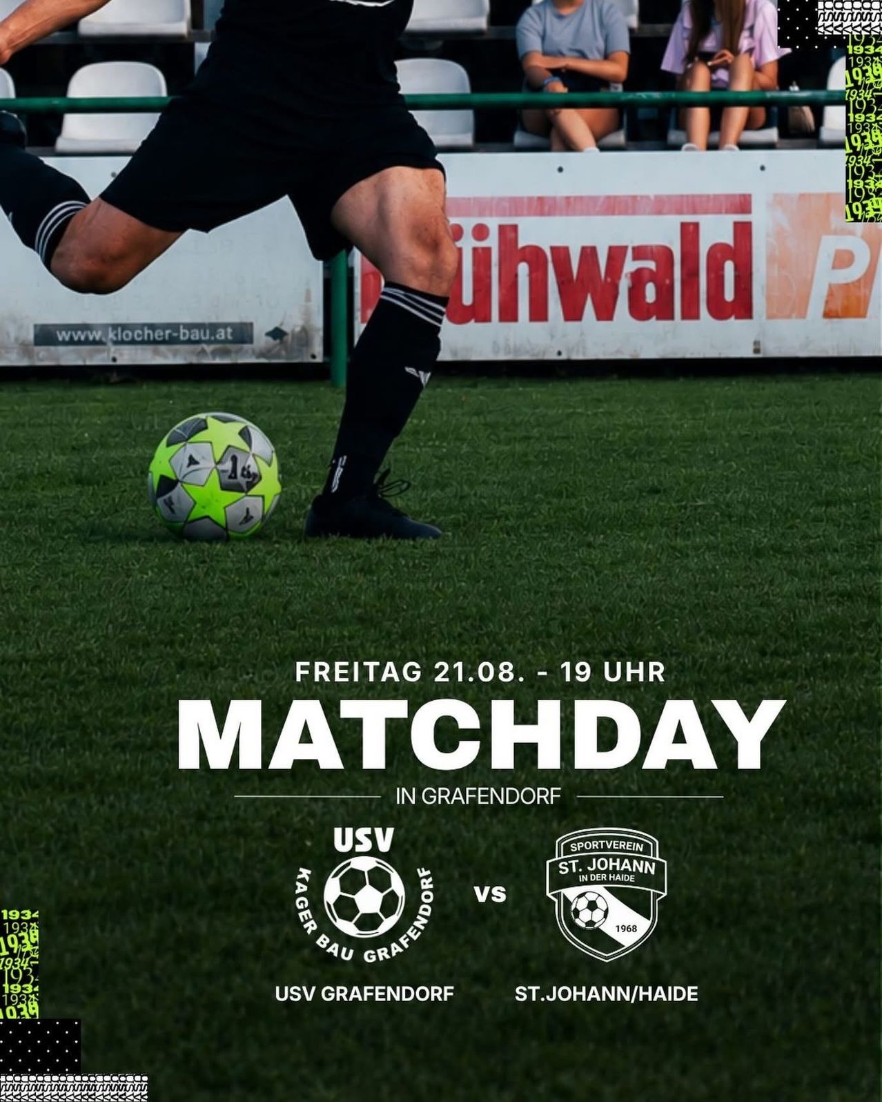 Ein Fußballspieler in schwarzer Uniform tritt einen Fußball auf einem grünen Feld. Das Bild ist ein Plakat für ein Fußball-Matchday-Event in Grafendorf.