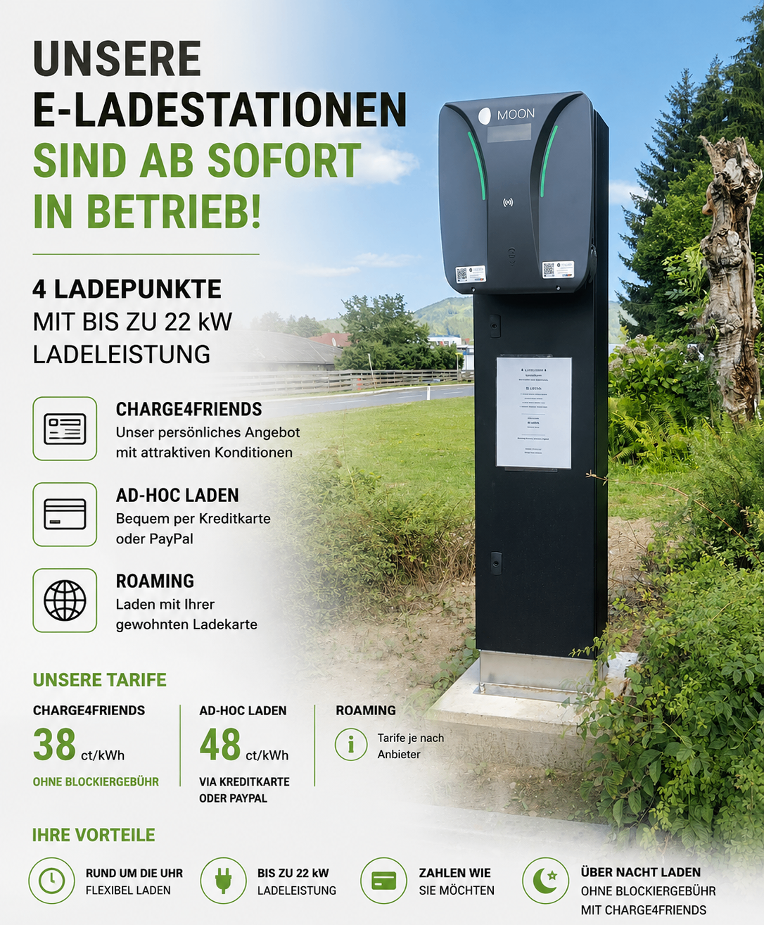 Eine Werbung für E-Ladestationen zeigt vier Ladepunkte mit bis zu 22 kW. Angebote umfassen Charge4Friends, Ad-hoc-Laden, Roaming und wettbewerbsfähige Tarife.