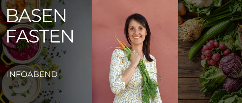 Eine lächelnde Frau mit einem Bund Gemüse vor einer rosa Wand mit einem hölzernen Hintergrund, auf dem verschiedene Gemüsesorten abgebildet sind. Der Text 'BASEN FASTEN' und 'INFOABEND' ist prominent angezeigt.