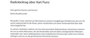 Ein Dokument mit der Überschrift 'Radiobeitrag über Karl Punz' und Text über eine Radiosendung zu Ehren eines langjährigen Musikfreundes, mit einer besonderen Radiosendung am 9. August 2026 um 16:00 Uhr.