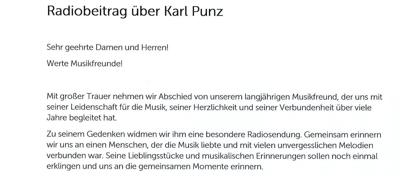 Ein Dokument mit der Überschrift 'Radiobeitrag über Karl Punz' und Text über eine Radiosendung zu Ehren eines langjährigen Musikfreundes, mit einer besonderen Radiosendung am 9. August 2026 um 16:00 Uhr.