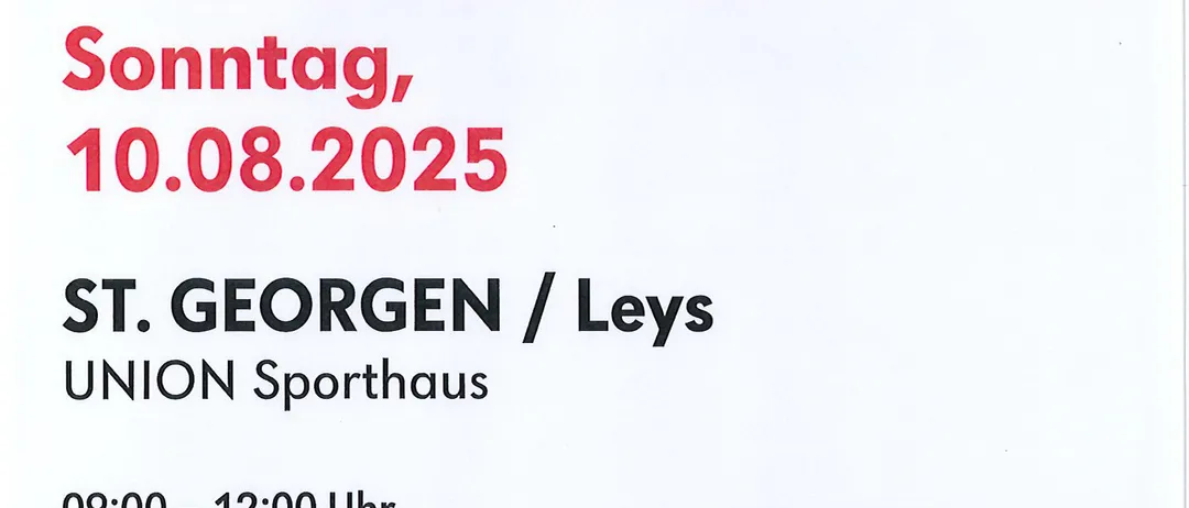 Plakat für Blutspende-Veranstaltung. Datum: 10. August 2025. Ort: St. Georgen/Leys Union Sporthalle. Zeiten: 09:00-12:00, 13:00-14:00. QR-Code für Buchung.