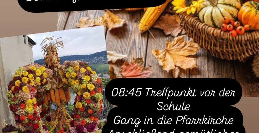 Ein Veranstaltungsposter zeigt einen Blumen- und Gemüsekranz, einen Kürbiskorb und eine Treffzeit von 08:45 in St. Georgen an der Leys. Die Versammlung ist für Sonntag, den 28. September 2025, geplant.