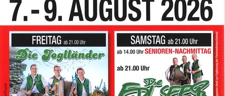Plakat für das 49. Feuerwehrfest in Brundl mit Datum, Veranstaltungsdetails und musikalischen Gruppen. Das Event findet vom 7. bis 9. August 2026 statt.