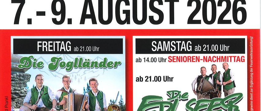 Plakat für das 49. Feuerwehrfest in Brundl mit Datum, Veranstaltungsdetails und musikalischen Gruppen. Das Event findet vom 7. bis 9. August 2026 statt.
