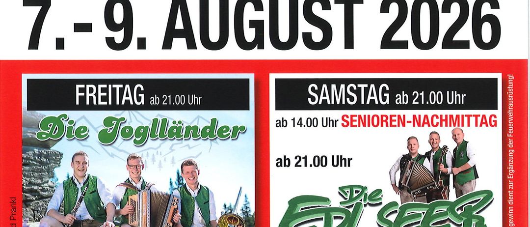 Plakat für das 49. Feuerwehrfest in Brundl mit Datum, Veranstaltungsdetails und musikalischen Gruppen. Das Event findet vom 7. bis 9. August 2026 statt.