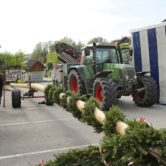 Ein großer grüner Traktor mit einem Kran auf der Rückseite steht auf einem Parkplatz. Er zieht einen langen Holzast, der mit grünen Zweigen und roten Bändern verziert ist.