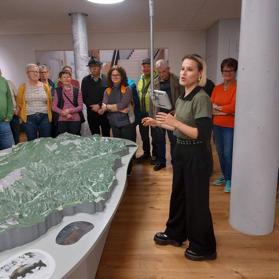 Eine Frau hält eine Präsentation in einem Raum mit einer großen, grünen, 3D-gedruckten Karte auf einem Tisch, während andere zuhören.