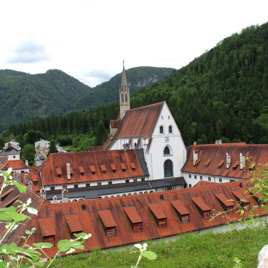 Luftaufnahme einer Kirche mit roten Dächern und einem Turm, umgeben von üppigem grünen Bäumen und Bergen im Hintergrund.