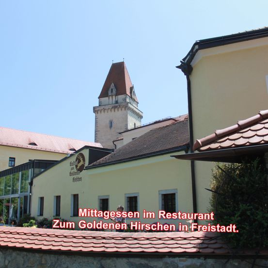 Ein Gebäude mit roten Dächern und einem Turm im Hintergrund. Das Gebäude zeigt ein Schild mit der Aufschrift 'Mittagessen im Restaurant Zum Goldenen Hirschen in Freistadt'.