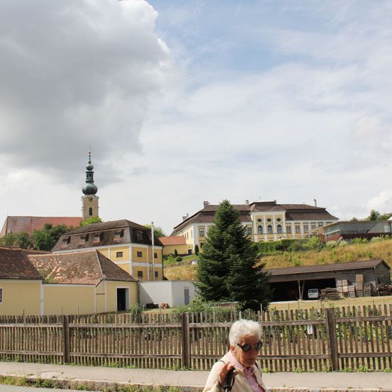 Eine ältere Frau geht an einer Straße mit einem Holzzaun vor einem Dorf mit einem Kirchturm und Gebäuden vorbei.
