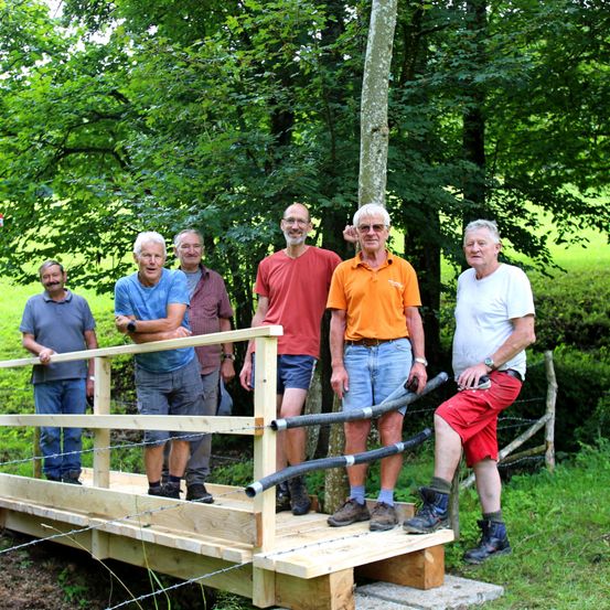 Eine Gruppe von sechs Männern in Freizeitkleidung steht auf einer Holzbrücke in einem üppigen Wald, lächelt und posiert für ein Foto. Sie sind von Bäumen und einem Grasfeld umgeben.