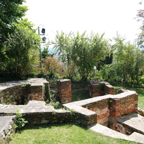Ein Freiluftbereich mit Ziegelstrukturen, umgeben von üppigem Grün und klarem Himmel. Bäume und Büsche sind sichtbar, mit einem Lampenpfosten in der Ferne.
