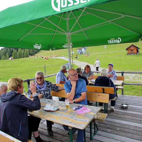 Eine Gruppe von Menschen sitzt unter einem grünen Schirm an einem Tisch. Sie trinken und plaudern, eine Person klatscht. Im Hintergrund befindet sich eine Wiese mit Kühen und einem kleinen Haus.