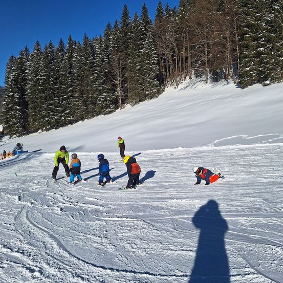Eine Gruppe von Kindern und einem Erwachsenen lernt auf einem verschneiten Hang das Skifahren, mit Kiefern im Hintergrund.