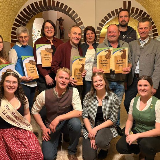 Eine Gruppe von Menschen posiert mit Auszeichnungen für einen regionalen Wettbewerb, lächelt und hält ihre Zertifikate, wobei eine Person eine Schärpe trägt und eine andere ein Buch in der Hand hält.