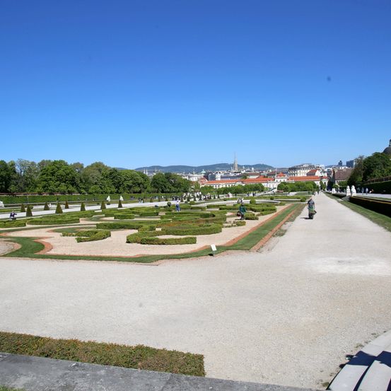 Luftaufnahme eines formalen Gartens mit gepflegten Hecken, einem klaren Weg und entfernten Stadtgebäuden unter blauem Himmel.