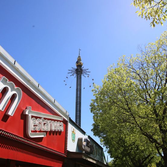 Ein Blick auf ein rotes Gebäude mit einem großen weißen Buchstaben M und einem hohen Turm in der Ferne. Der Turm hat eine goldene Spitze und ist von Bäumen umgeben.
