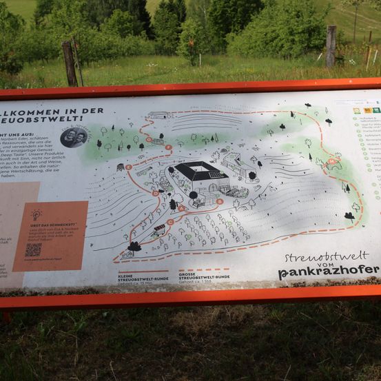 Ein Schild mit einer Karte eines kleinen Gemeinschaftsprojekts, Strenobstwelt, zeigt verschiedene Bereiche, die mit Buchstaben beschriftet sind. Das Schild steht in einem baumbestandenen Grasbereich mit einer schönen Aussicht. Es bietet Informationen über das Projekt und seine Gründer.