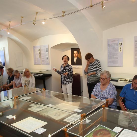 Eine Gruppe älterer Personen sitzt um eine Glasvitrine herum. Eine Frau in der Mitte spricht, während andere aufmerksam zuhören. Der Raum hat mehrere Papiere zur Ausstellung und ein Porträt eines Mannes an der Wand.