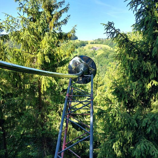 Eine Metallstruktur mit einem runden Spiegel an der Spitze steht in einem Wald mit Bäumen. Im Hintergrund ist ein klarer Himmel und eine entfernte Aussicht auf Hügel zu sehen.