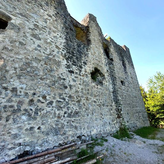 Eine alte Steinmauer mit Löchern und einem Holzzaun davor, umgeben von Gras und Bäumen.