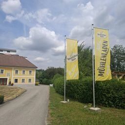 Zwei gelbe Banner mit dem Text 'Rosenfellner Mühle' und 'Mühlenladen' stehen auf Metallstangen vor einem gelben Gebäude mit einem braunen Dach. Das Gebäude ist von grünen Büschen und Bäumen umgeben. Der Himmel ist blau mit weißen Wolken.