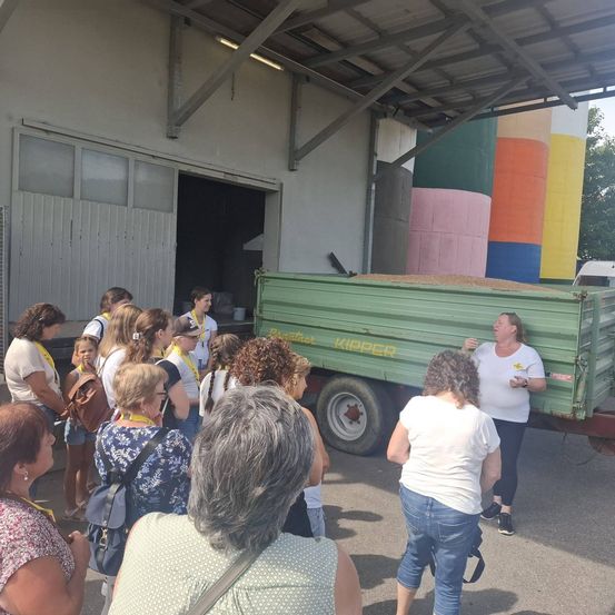 Eine Gruppe von Menschen ist um einen grünen Lastwagen versammelt und hört möglicherweise einer Frau zu, die etwas über den Lastwagen erklärt. Der Lastwagen ist vor einem Gebäude mit farbenfrohen zylindrischen Strukturen geparkt.
