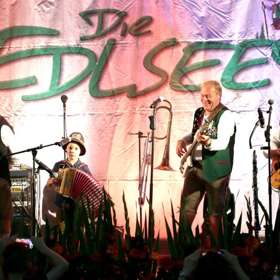 Eine Band spielt auf der Bühne mit einem großen Banner im Hintergrund. Ein Mann spielt Gitarre, ein Junge Akkordeon und eine weitere Person Posaune. Das Publikum schaut ihnen zu.