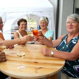 Fünf Frauen versammeln sich um einen Holztisch und halten jeweils ein Glas Wein in der Hand. Sie lächeln und scheinen eine gesellige Zusammenkunft zu genießen. Der Tisch steht unter einem weißen Zelt.