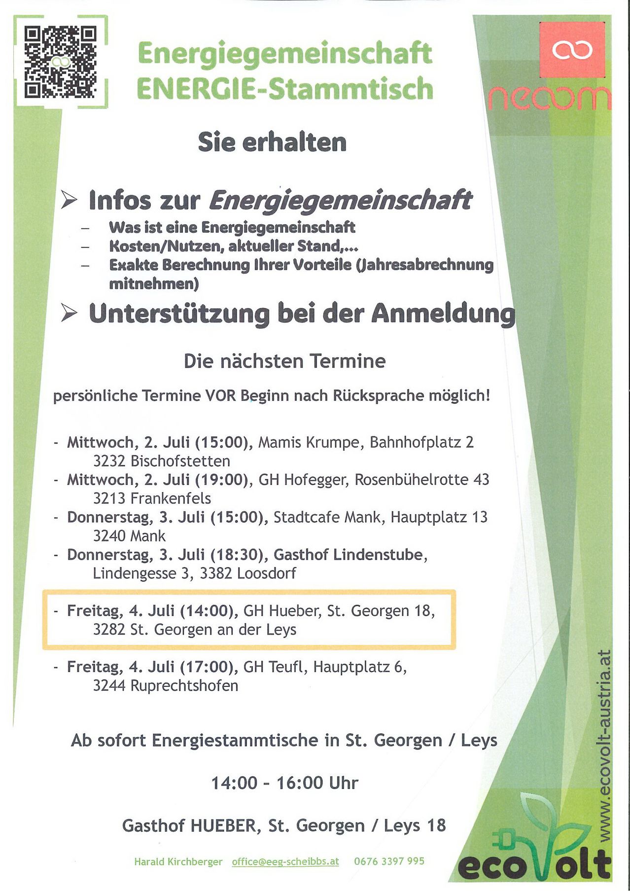 Das Dokument bietet Informationen über eine Energiegenossenschaft, einschließlich Details zu Kosten, Vorteilen und aktuellem Stand. Es bietet Unterstützung bei der Anmeldung und listet bevorstehende Termine für Juli 2024 auf. Diese Termine sind an verschiedenen Orten und Zeiten verfügbar und können nach Rücksprache persönlich vereinbart werden.