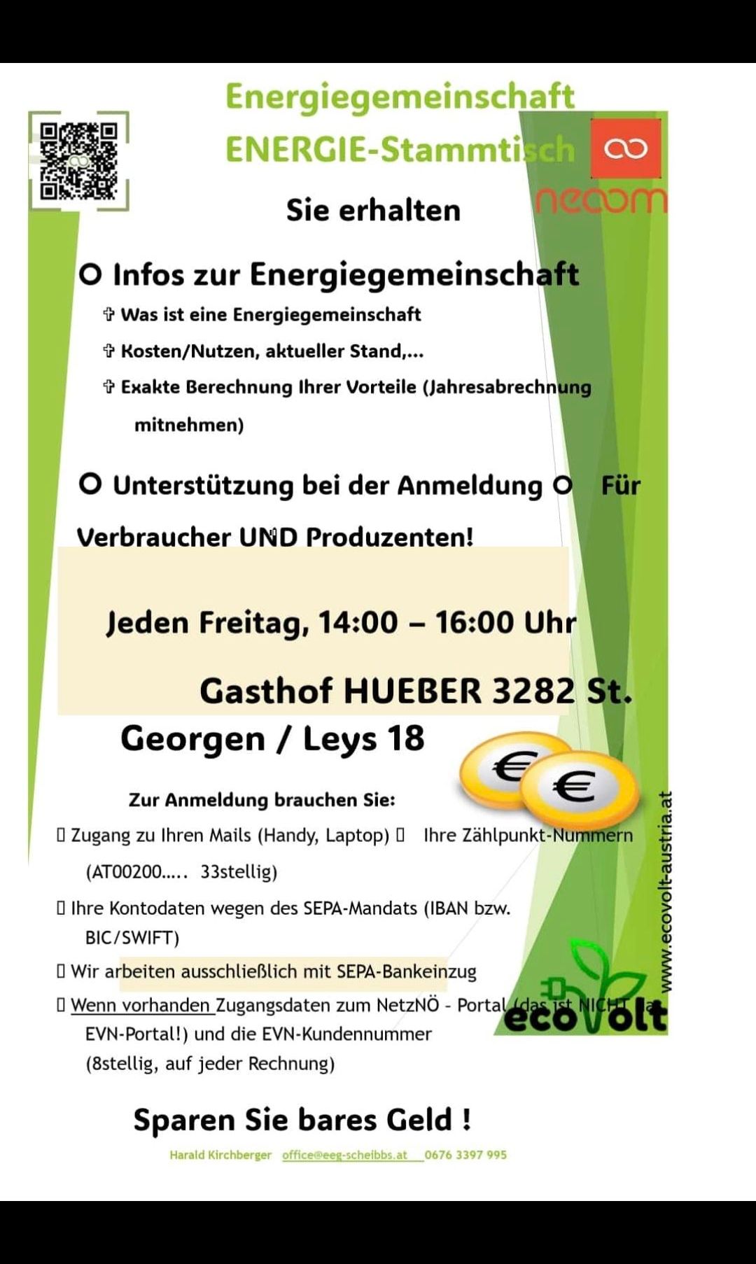 Werbeposter für die Energiegenossenschaftsmitgliedschaft. Details umfassen Informationen zu Energiegenossenschaften, Kosten, Vorteilen und eine genaue Berechnung individueller Vorteile. Unterstützung bei der Anmeldung wird für Verbraucher und Produzenten angeboten. Anmeldezeiten sind freitags von 14:00-16:00 im Gasthof Hueber. Benötigte Materialien für die Anmeldung umfassen E-Mail-Zugang, Zahlungskontonummern, Kontodetails und exklusive Nutzung des SEPA-Lastschriftverfahrens.