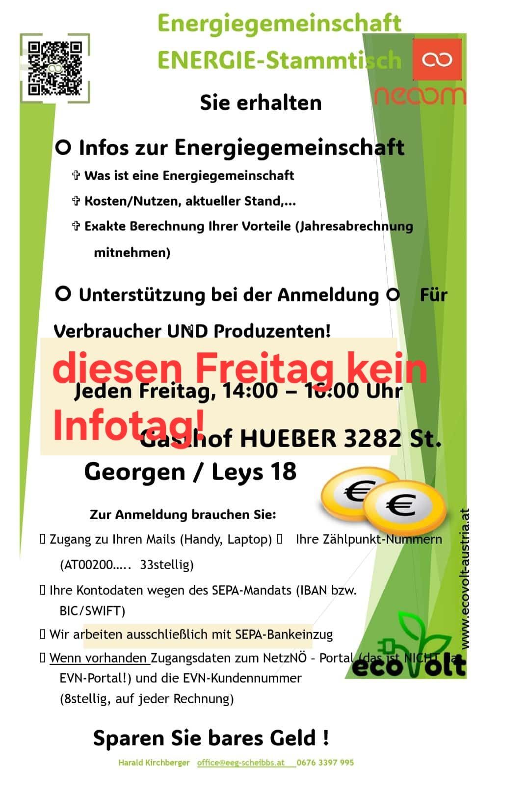 Plakat mit grünem und weißem Hintergrund. Es steht Infotag am Freitag, kein Infotag jeden Freitag, 14:00-16:00. Es bietet Informationen zu Energiegenossenschaften, Unterstützung bei der Anmeldung und erfordert Zugang zu E-Mail, Zahlungspunktnummer, Kontodetails und Zahlungsmethode.