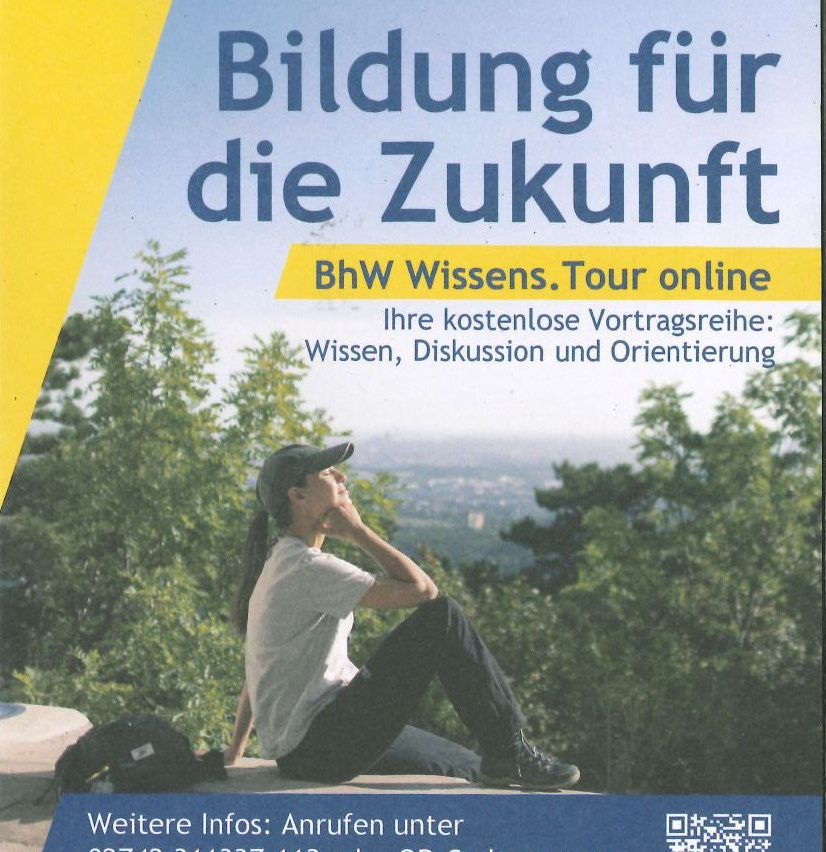 A flyer with a woman sitting outdoors on a hill. Text reads 'Bildung für die Zukunft'. Below is a QR code and a call to action for more information.