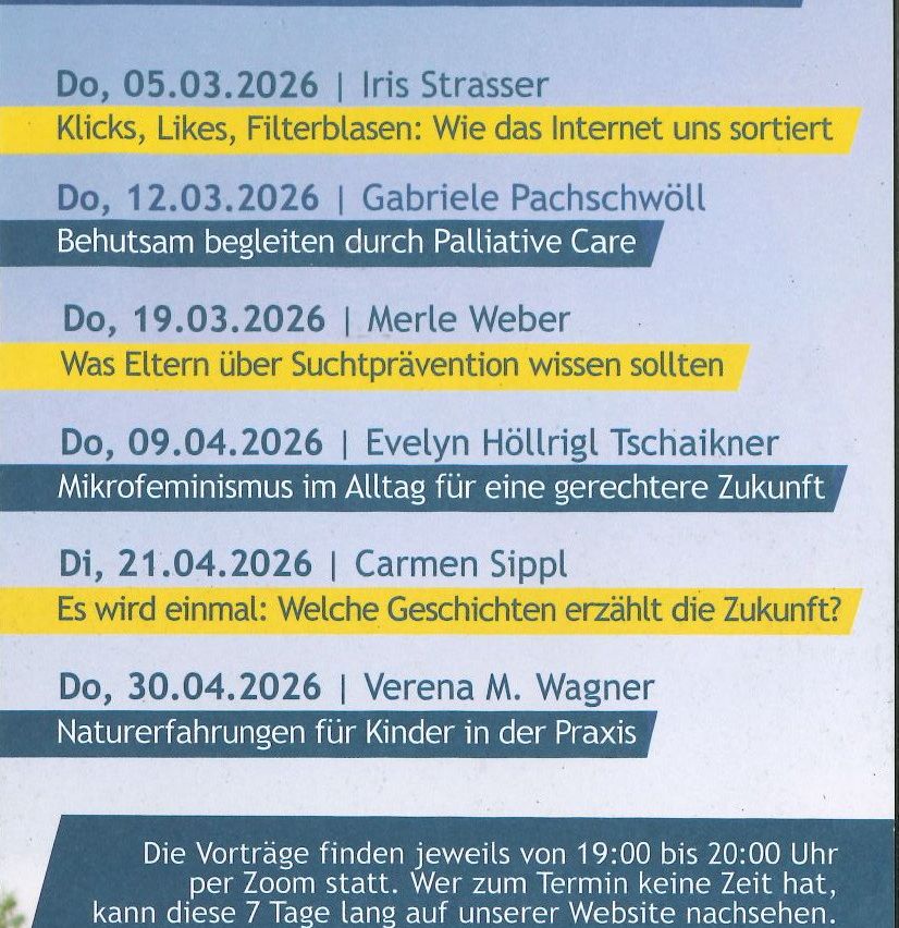 A schedule of online talks from March 5 to April 30, 2026, by various speakers. Topics include internet sorting, palliative care, search prevention, microfeminism, and nature experiences for children.