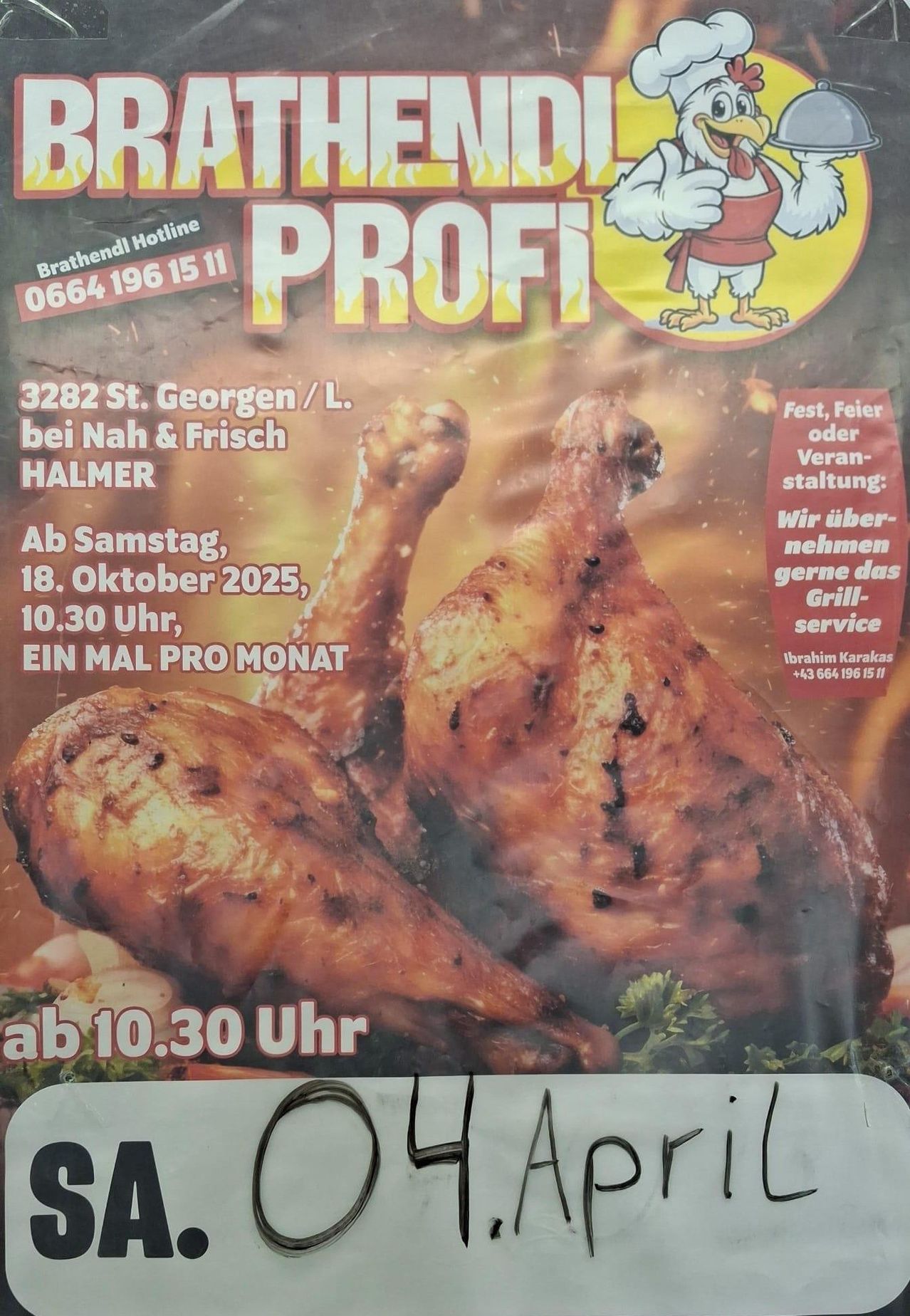 Poster for PROFI restaurant, featuring a grilled chicken leg. The event is on Saturday, October 18, 2025, at 10:30 AM. Location is St. Georgen/L. bei Nah & Frisch Halmer. Contact number is 0664 196 15 11.