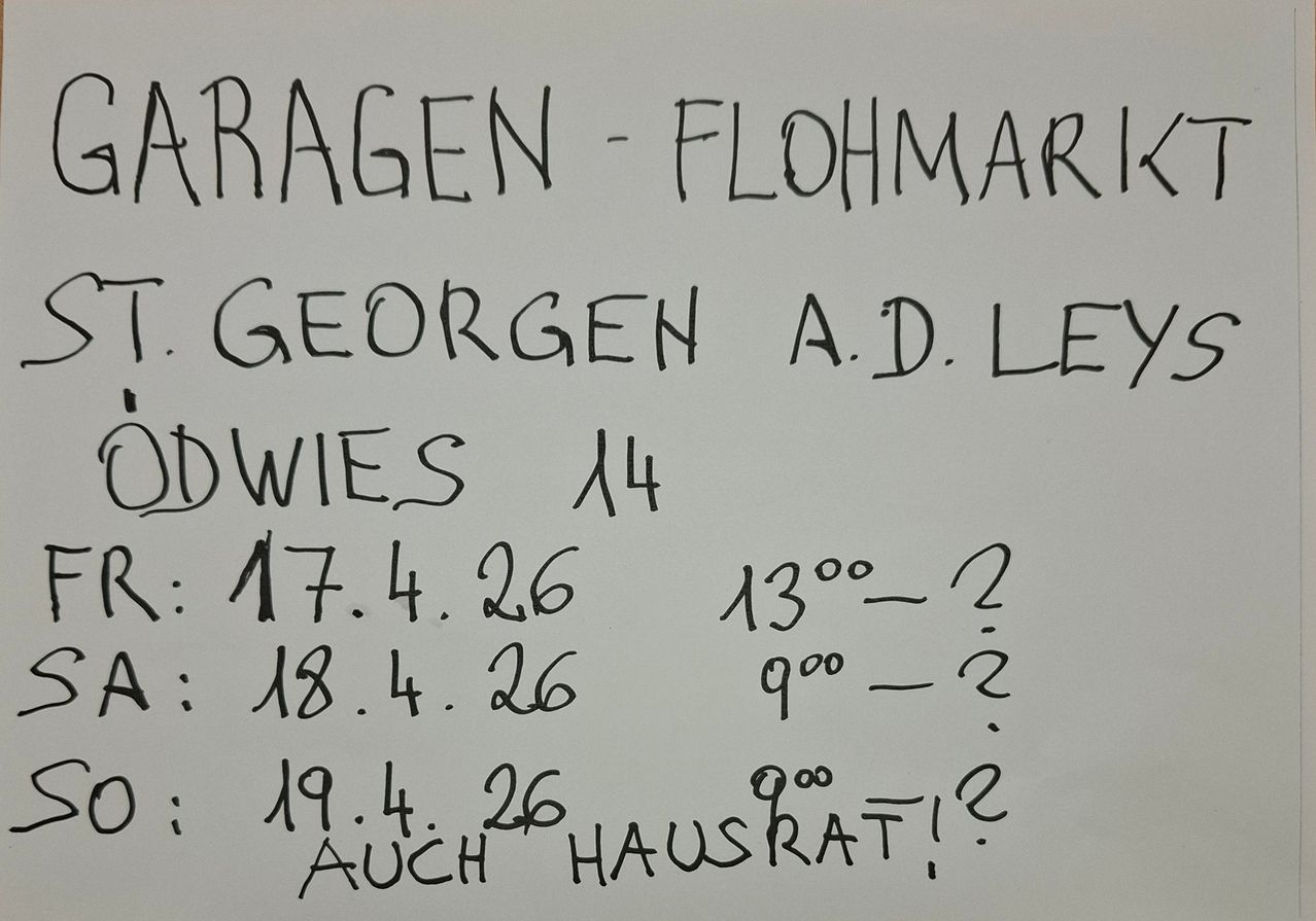 A handwritten note on a whiteboard reads 'Ragen-Flohmar, Georgen A.D.L. Owie 14, 17.4.26, 18.4.26, 19.4.26, 13:00-2, 9:00-2, 9:00-2, Auch Hausrate'.