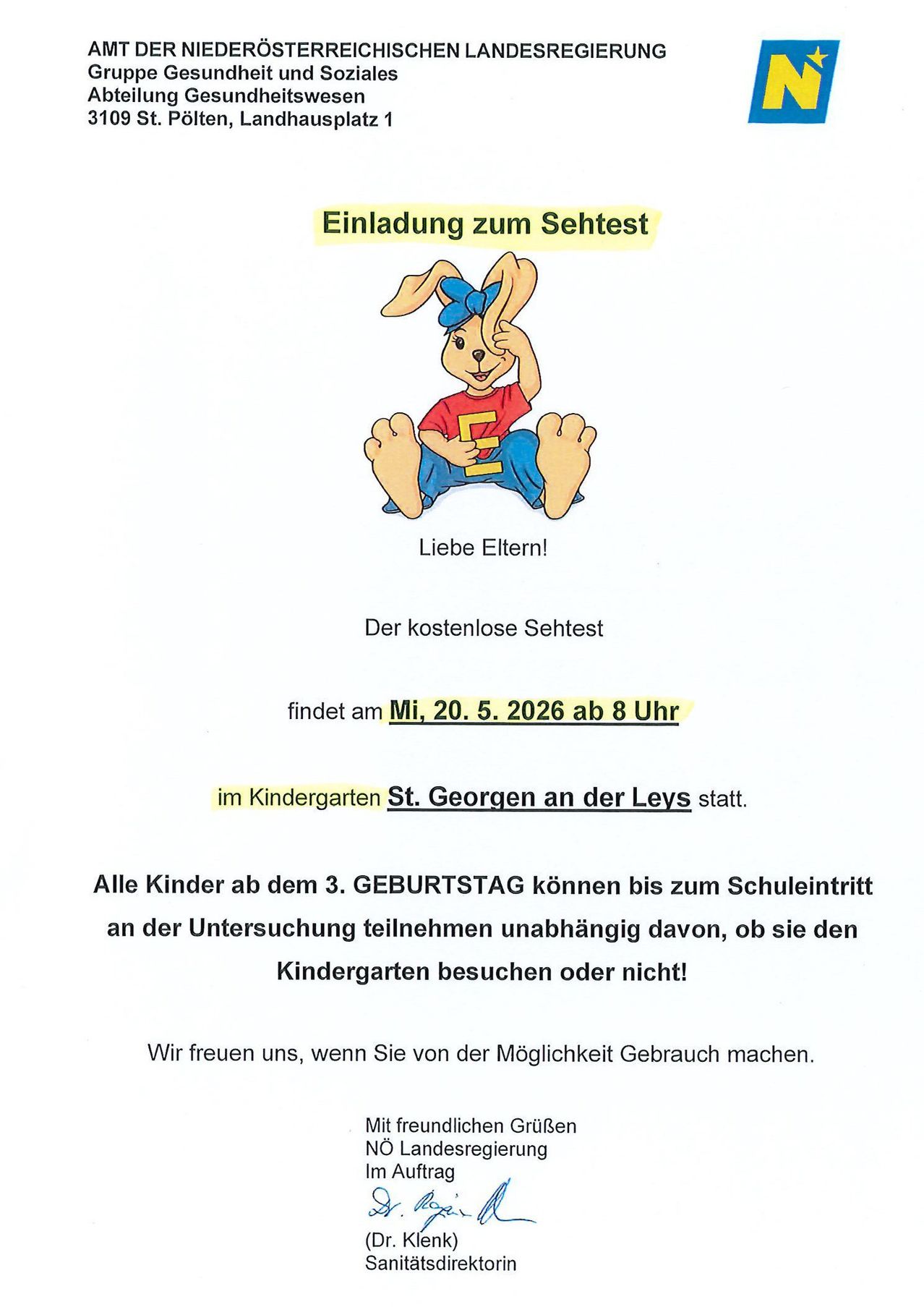 Eine Einladung zu einem kostenlosen Sehtest für alle Kinder ab dem 3. Geburtstag wird veröffentlicht. Der Test ist für den 20. Mai 2026 um 8 Uhr geplant. Er findet im Kindergarten St. Georgen an der Leys statt.