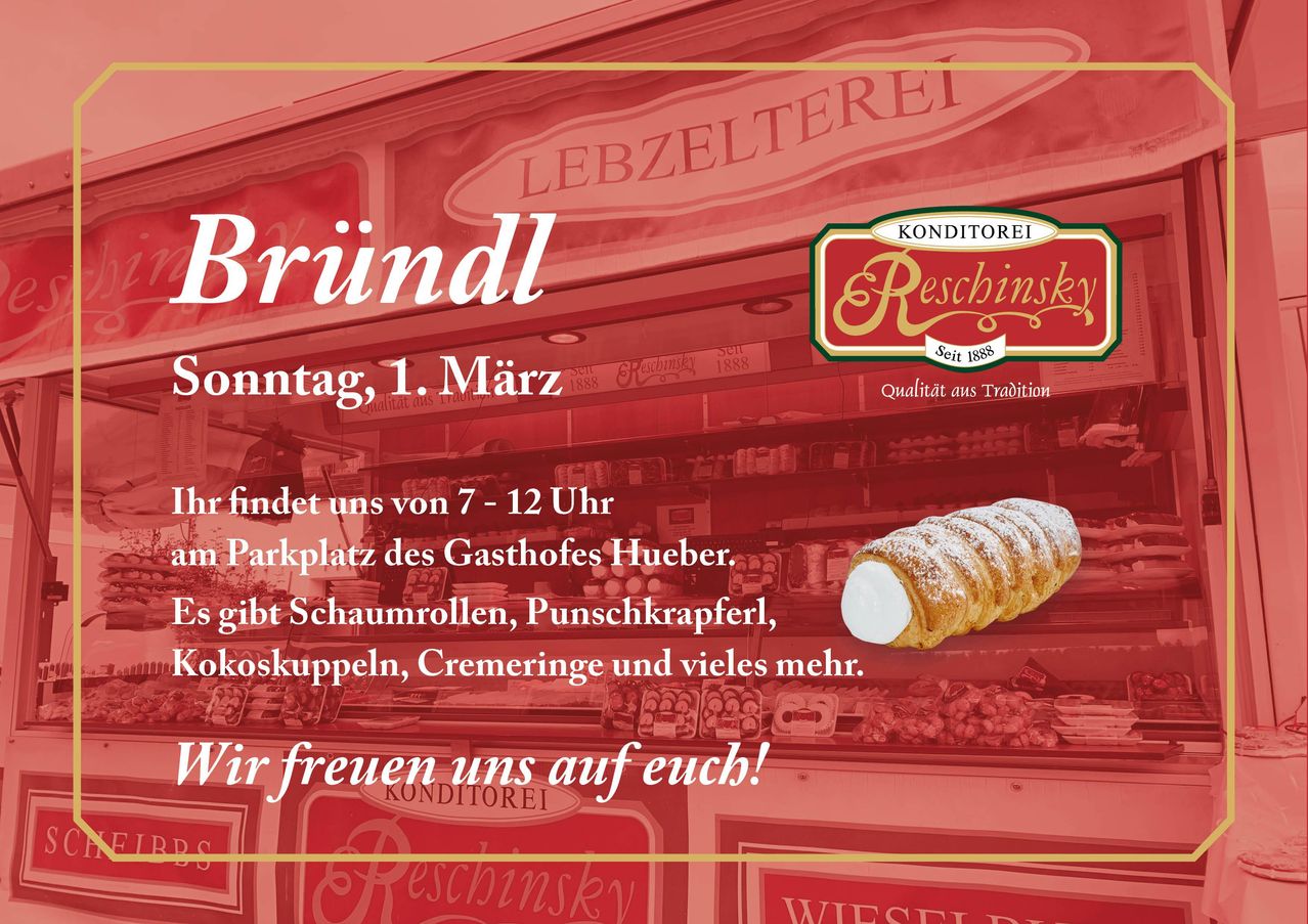 Ein Flugblatt für eine Konditorei mit Gebäck wie Schaumrollen, Pünschkrapfen und mehr. Besuchen Sie uns von 7-12 Uhr am Sonntag, 1. März.