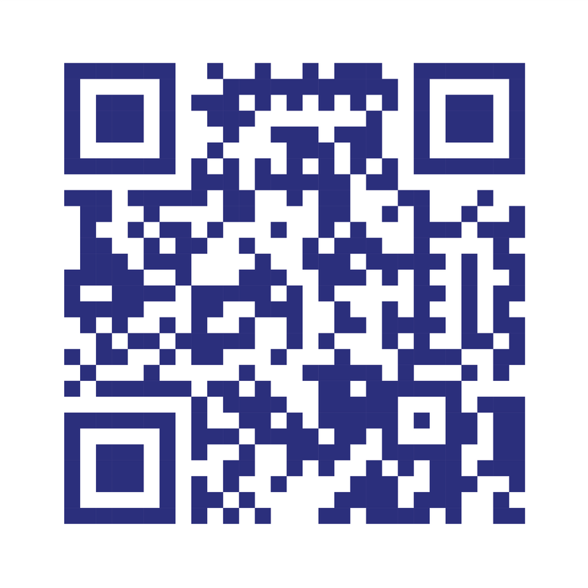Ein blauer und weißer QR-Code mit weißem Hintergrund. Er enthält kleine quadratische Muster.