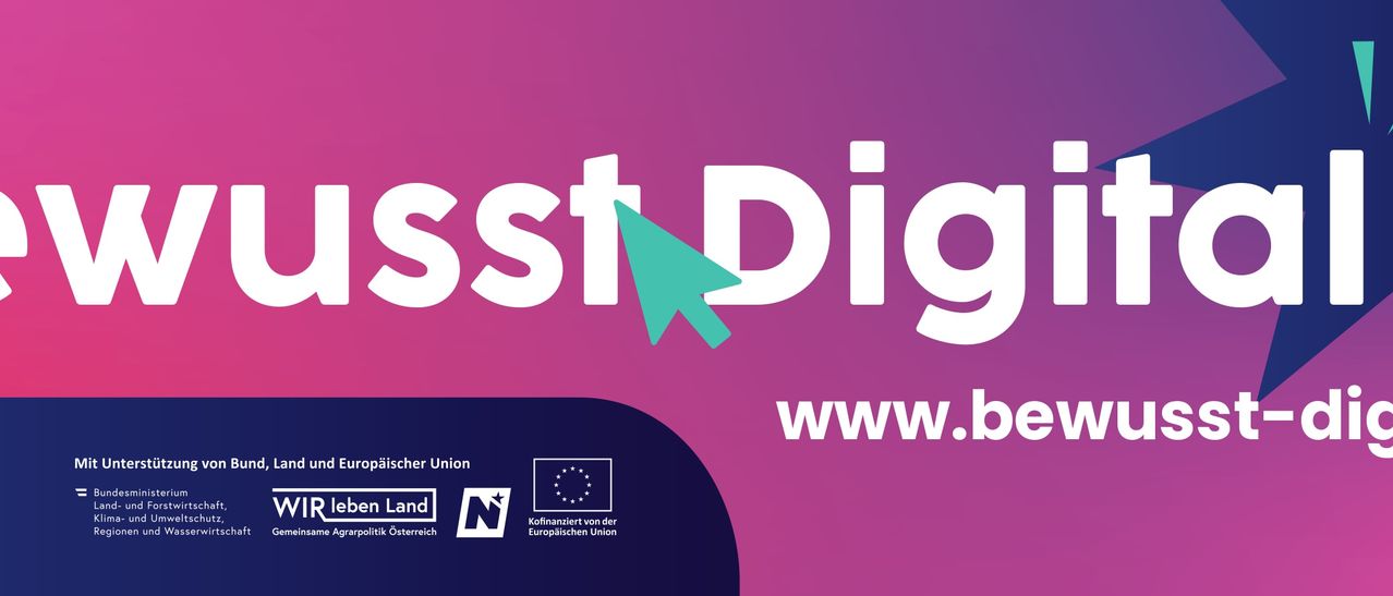 Ein Plakat mit einem lila und rosafarbenen Farbverlauf im Hintergrund. Der Text 'sst Dig' ist in Weiß geschrieben, mit einem blauen Pfeil nach rechts. Unten steht 'www.b' mit einem Logo eines Sterns und 'Kofinanziert von der Europäischen Union'.