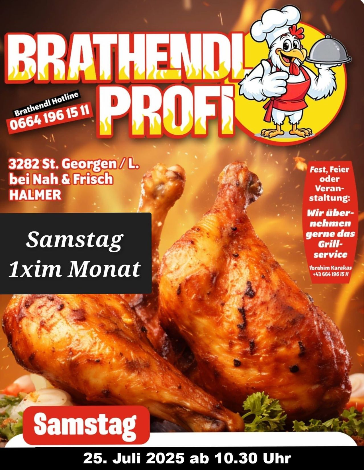 An advertisement for a grill service featuring a cartoon chicken holding a tray with a flame effect. The text reads 'BRATHENDEN PROFI' and includes a phone number. The image shows a close-up of grilled chicken legs.