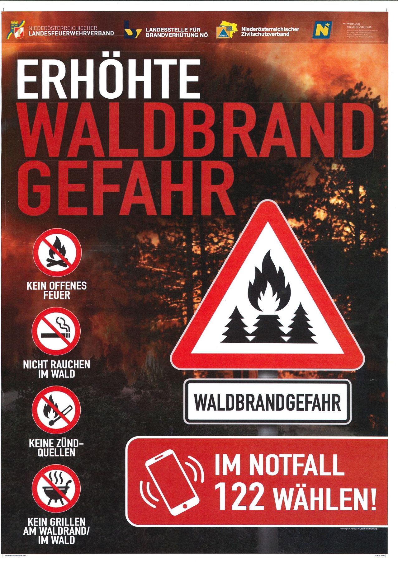 Ein Plakat mit einem roten Dreieck-Warnschild für Waldbrandgefahr. Es enthält Symbole für kein offenes Feuer, kein Rauchen und keine Lichtquellen. Der Hintergrund zeigt einen Wald mit Rauch und Feuer.