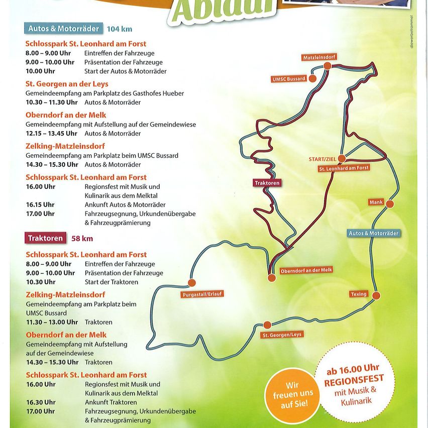 Ein Plakat mit einer Karte und Zeitplan für eine Veranstaltung mit Autos und Motorrädern. Die Veranstaltung umfasst Präsentationen, Ausstellungen und regionale Feste mit Musik und Essen. Das Plakat hat einen grünen Hintergrund und roten Text.